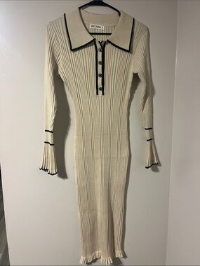 Grace Karin Cream Ribbed Long Sleeve Polo Midi Dress with Black Trim